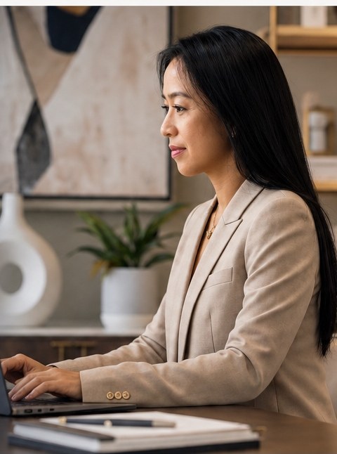 Senior executive assistant working focused at a laptop in a refined home office